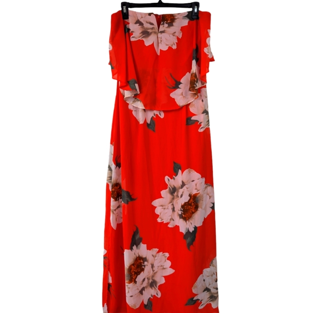 Bright orange floral patterned strapless dress Sz L